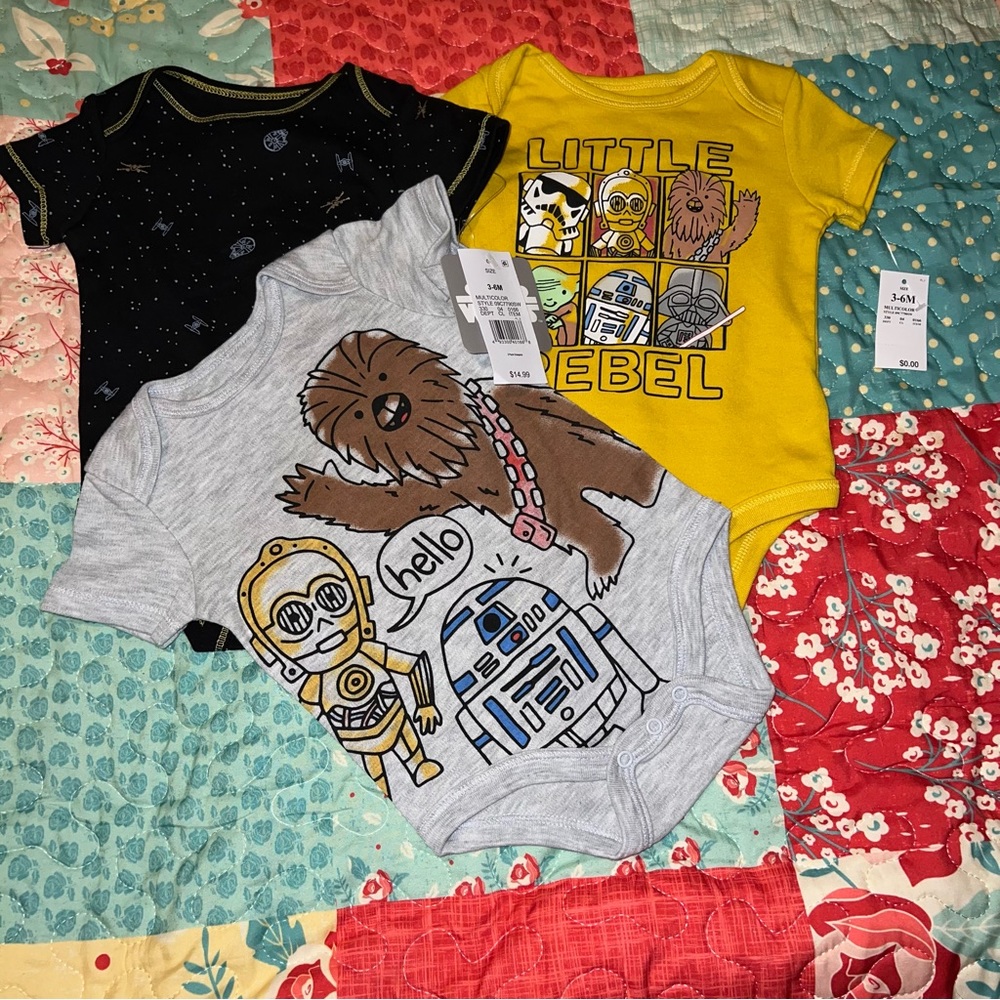🟢 Star Wars Baby Boys Size 3-6 months New NWT 3 piece Bodysuits Little Rebel